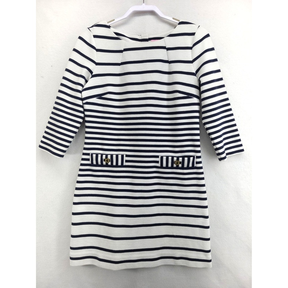 Lilly Pulitzer Dress Classic Black White Stripe ¾ Sleeve Sz M